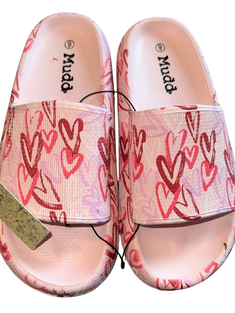Mudd Pink and Red Heart Print Slide Sandals